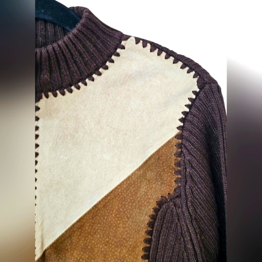 Vintage Designer Studio Western Leather Stitch Colorblock Zip up Jacket Brown - Picture 7 of 15